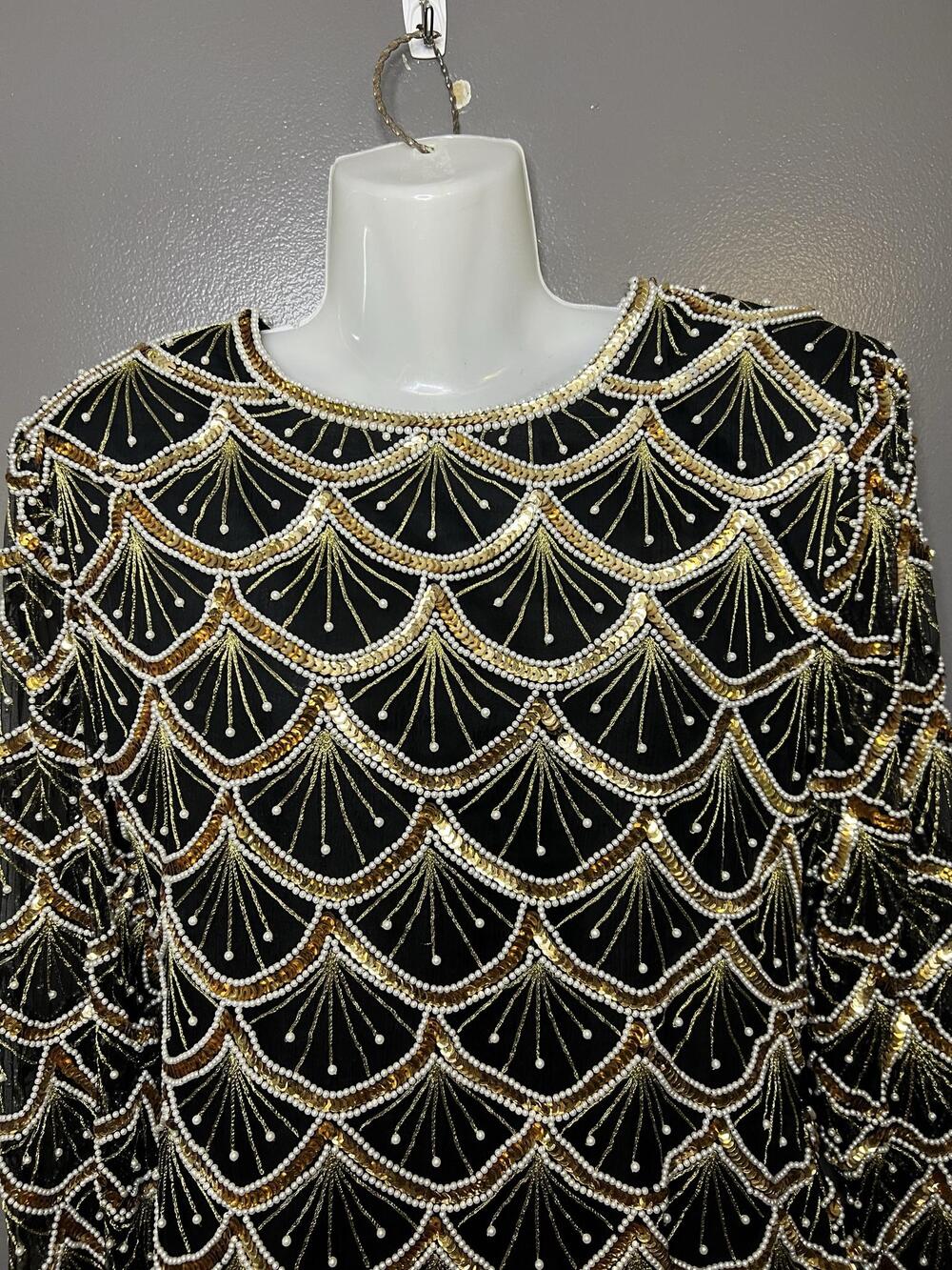 Vintage Laurence Kazar Silk Blouse Womens XL Black Beaded Sequin Art Deco Gatsby